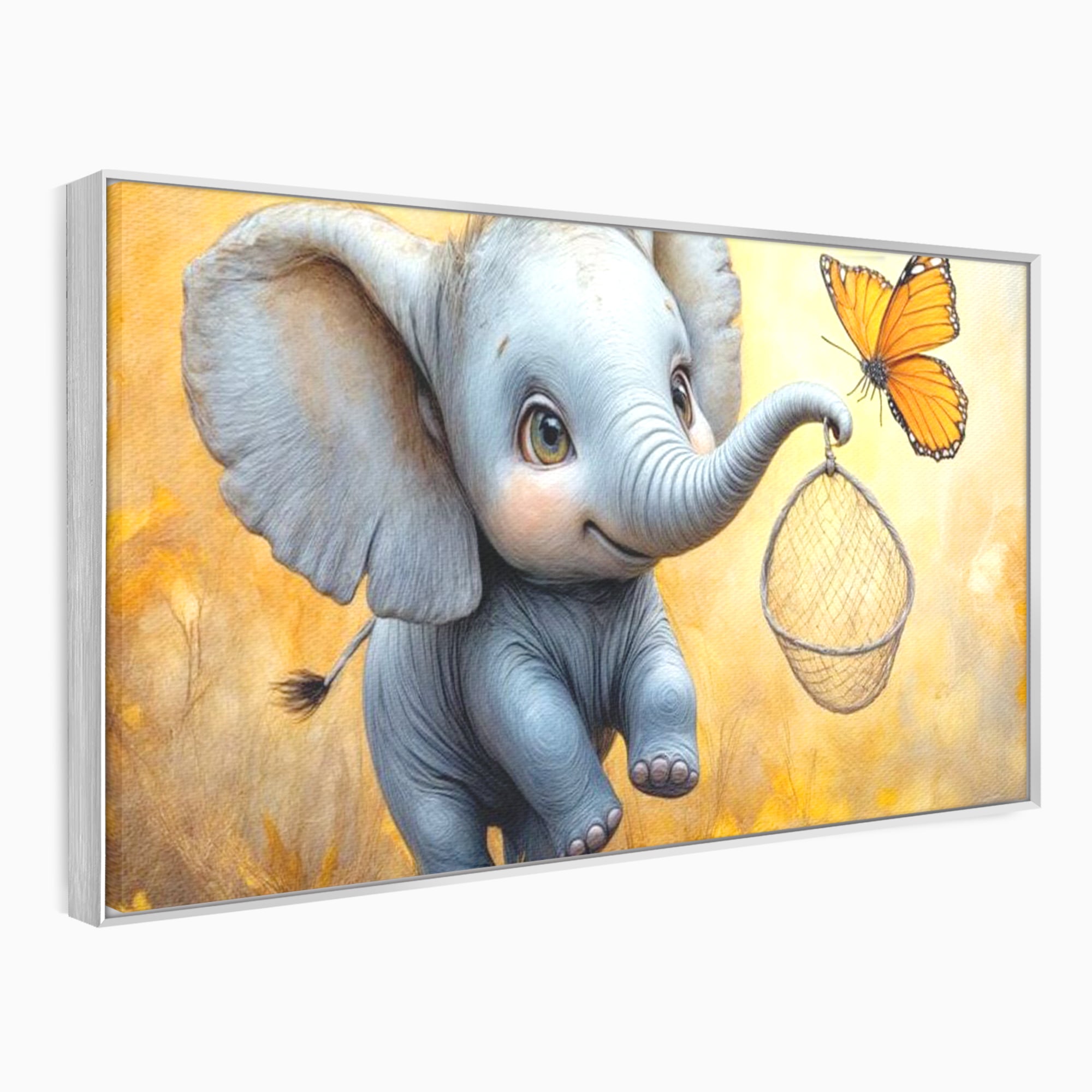 Tablou canvas cu ilustratie cu elefantel si fluture, in rama de aluminiu argintiu